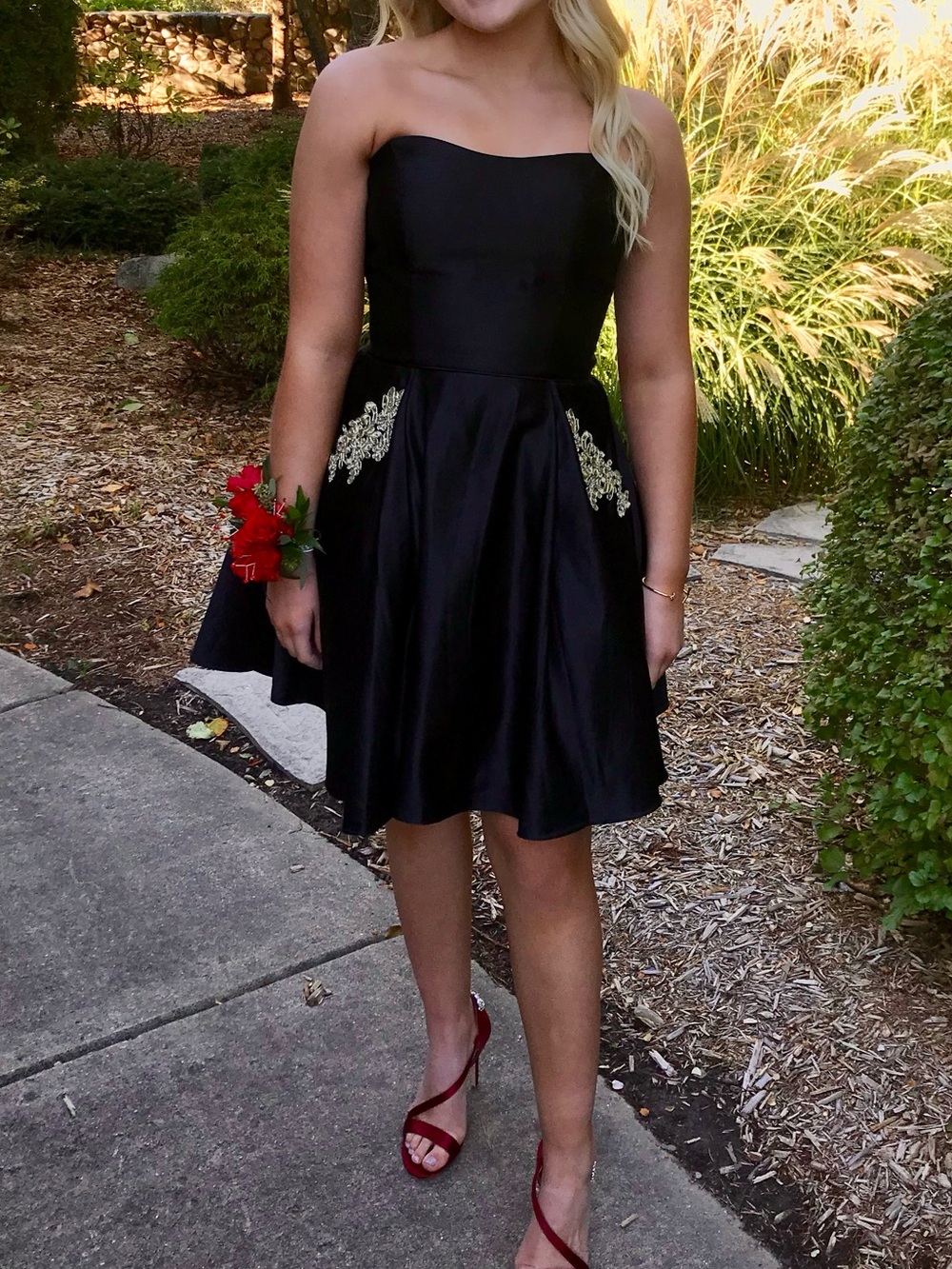 Blondie Nites Black Strapless Mini Dress with Gold Pocket Embellishment